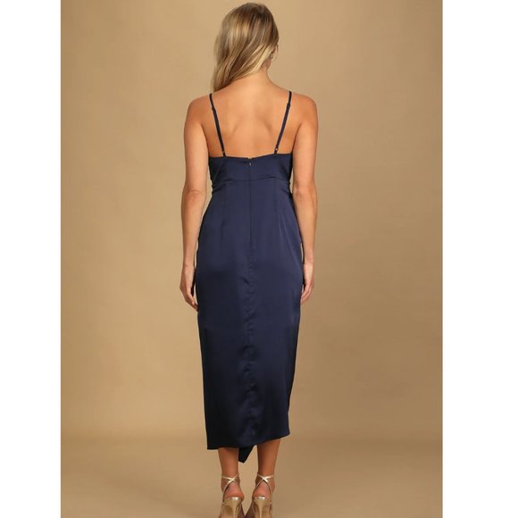 NWT Lulu's Caught Feelings Navy Blue Satin Ruffled Midi Dress - Navy - Size XS - Picture 3 of 12